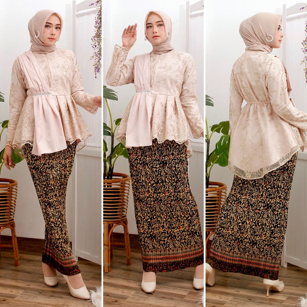 Selendang Set Setelan Tunik Kebaya Selendang + Rok Plisket Batik Warna Putih Gading Susu Krem Brukat