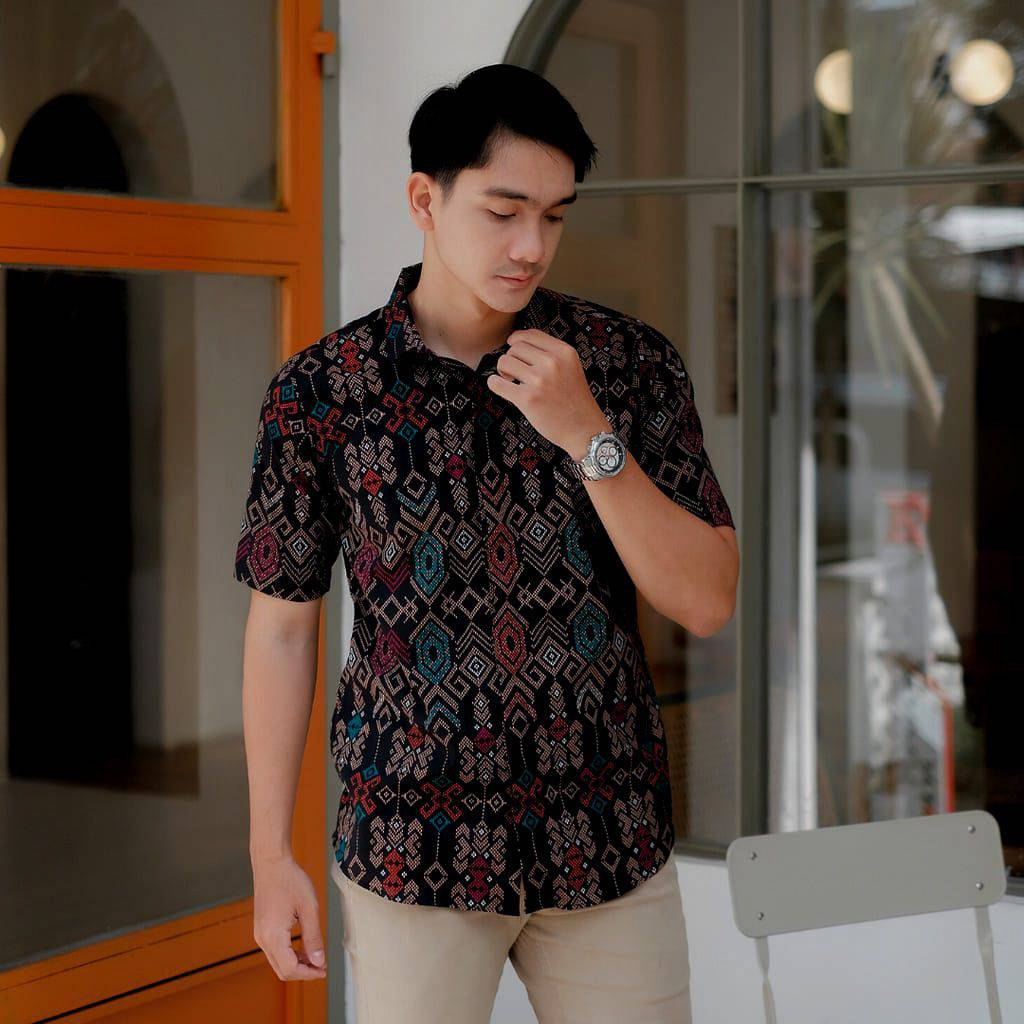 MENFASHIONHOUSE Kemeja Batik Pria Lengan Pendek Songket Hitam