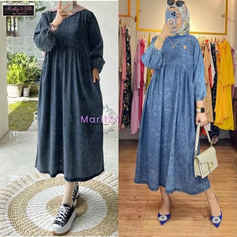 Tokyo Midi Dress Jeans Wash/Baju Midi Dress Wanita Muslim Long Dress Jeans Kekinian