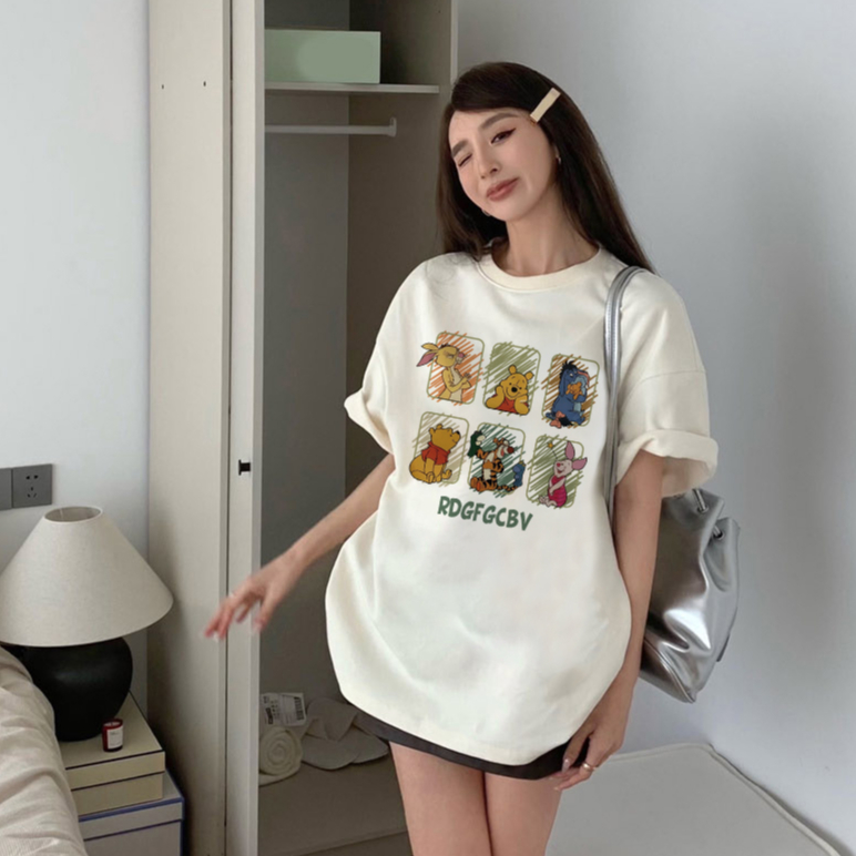 kaos wanita korean style lengan pendek cartoon graffiti winnie the pooh motif printed t-shirt kekinian import oversize kaos puith