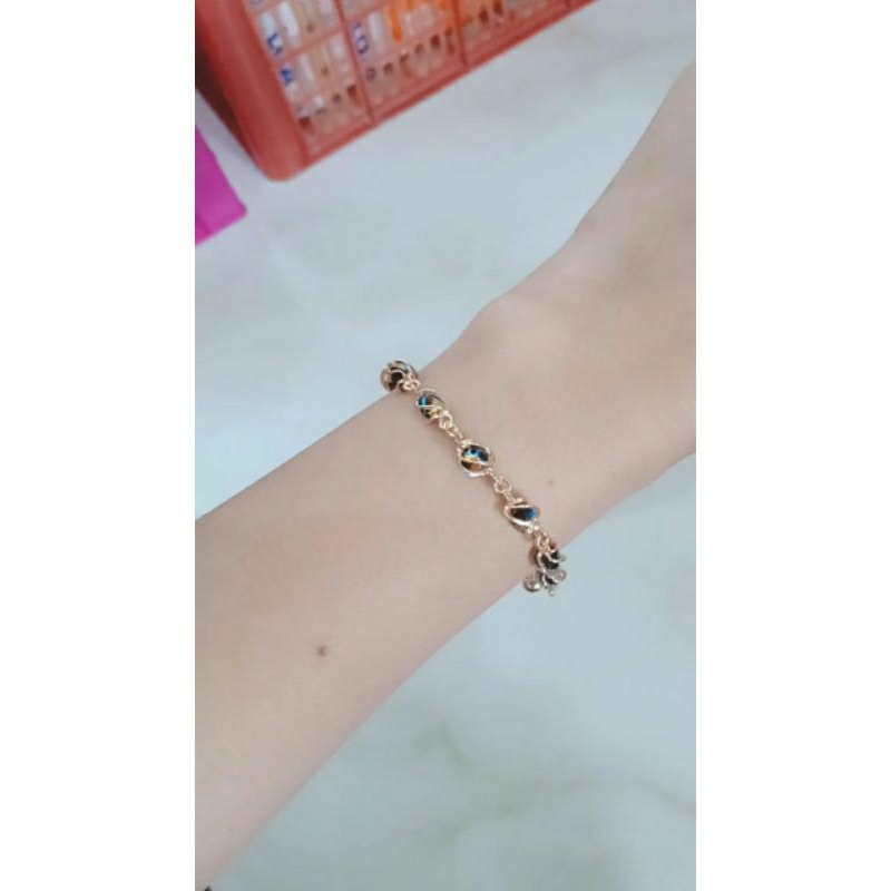 gelang tangan rantai kristal+1bel+1love ukir/perak asli silver 925 lapis emas/perhiasan fashion terbaru