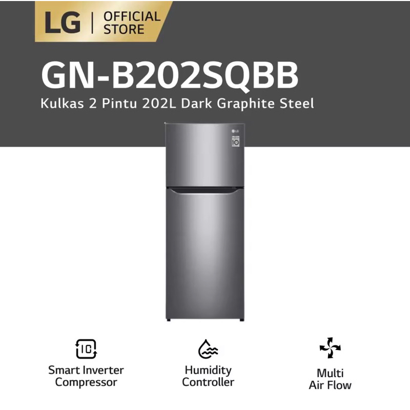 LG Kulkas 2 Pintu 202L Gross / 187L Nett - GN-B202SQIB Top Freezer Fridge in Dark Graphite Steel