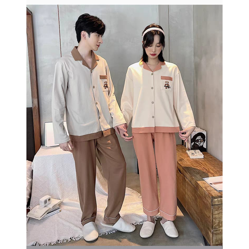 RULIF Setelan Piyama Baju Tidur Set Couple Pria wanita Model Krah Kancing Zemee