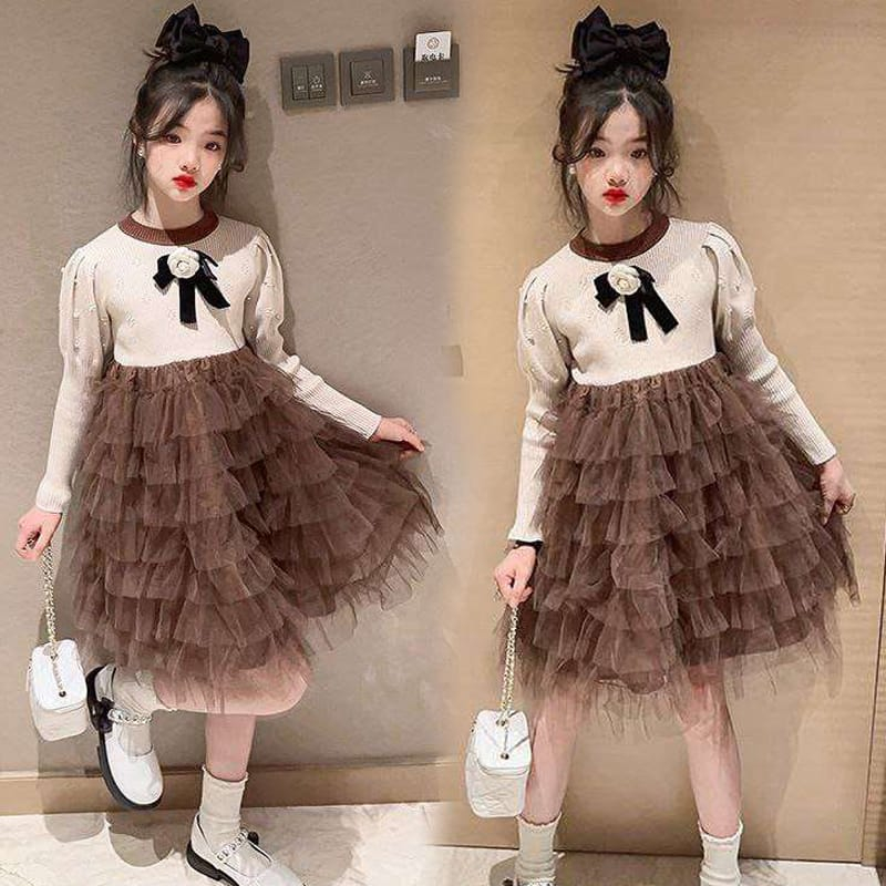 Dress Tutu Anak Perempuan Knitted Flower Coffee