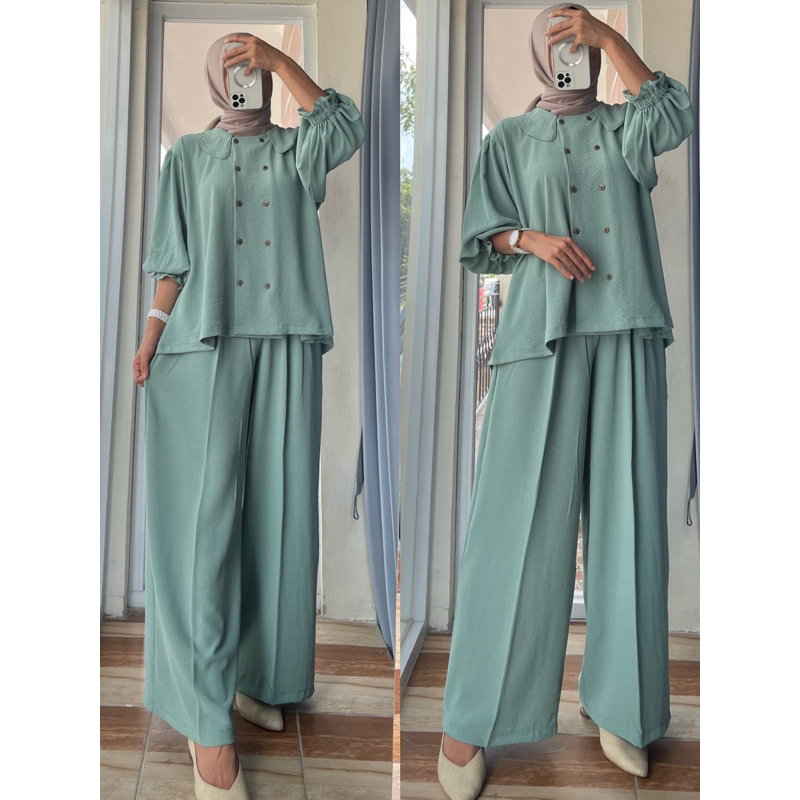 ONE SET SAKIRA POLOS CRINKEL AIRFLOW PREMIUM/SETELAN KAMEJA WANITA/SET OOTD