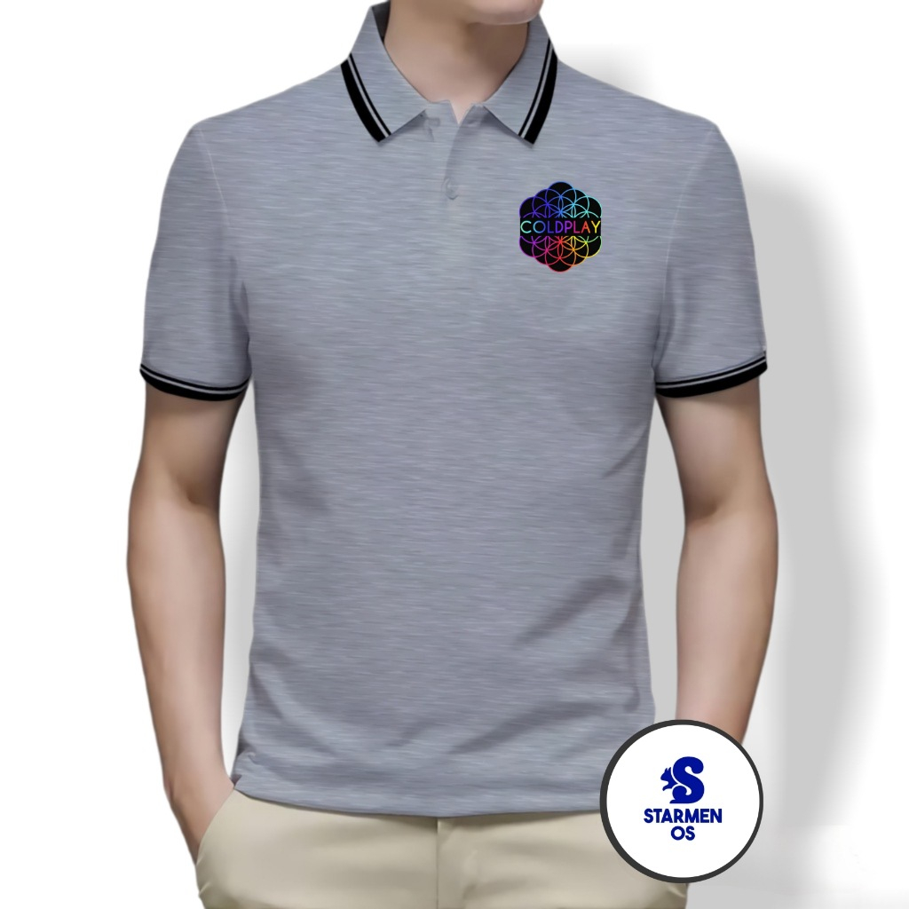 Kaos Polo Shirt Pria Kerah List Putih Logo COLDPLAY A