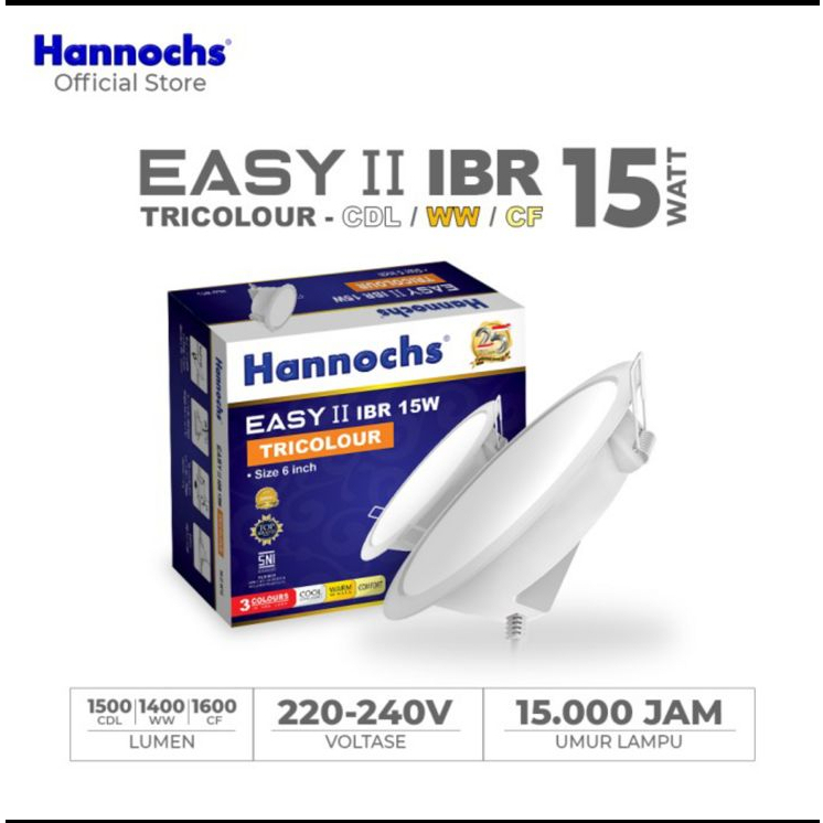 Lampu Downlight LED Hannochs EASY II 15W Bulat IB TRICOLOUR 3 WARNA