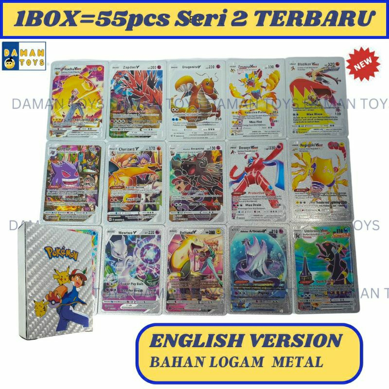 Kartu Pokemon 1 box 55pcs Charizard Pikachu cards Bahan Metal Emas Silver Bahasa English