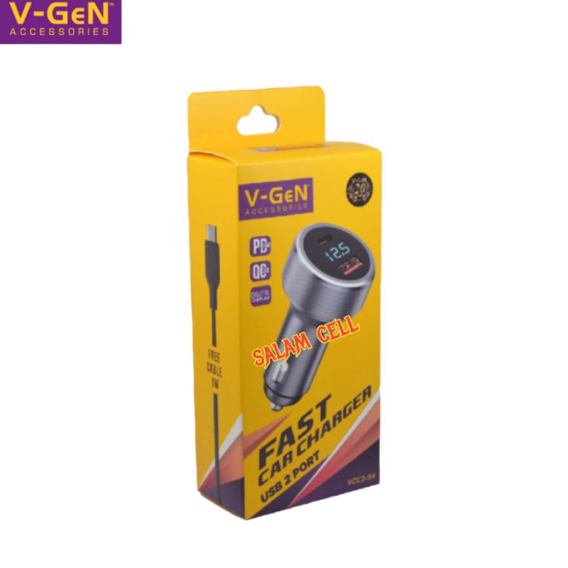 Charger Mobil V-Gen VCC2-34 Fast Car Charger USB 2 PORT PD 54W QC3.0 Digital Display Indicator Garansi Resmi