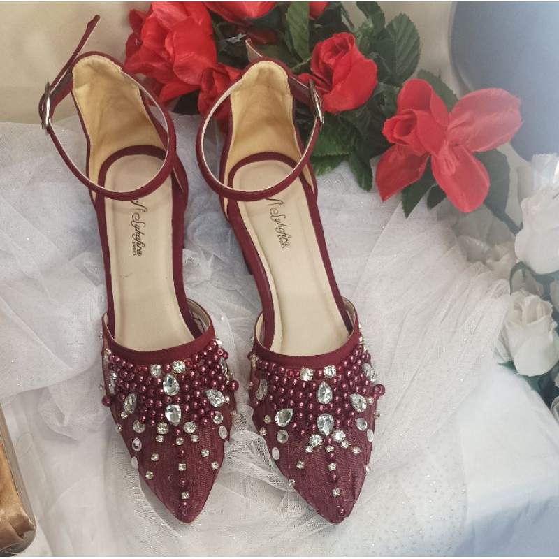 Sepatu Wedding allena merah marron hak tahu 5 cm