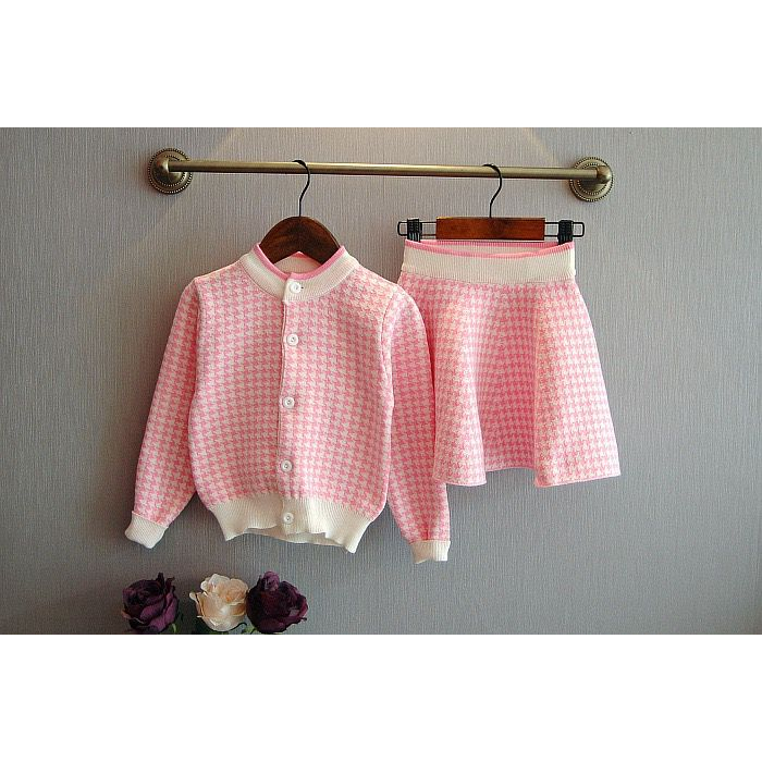 Setelan Rajut Anak Perempuan Fashion Import Motif Kotak Pink Putih