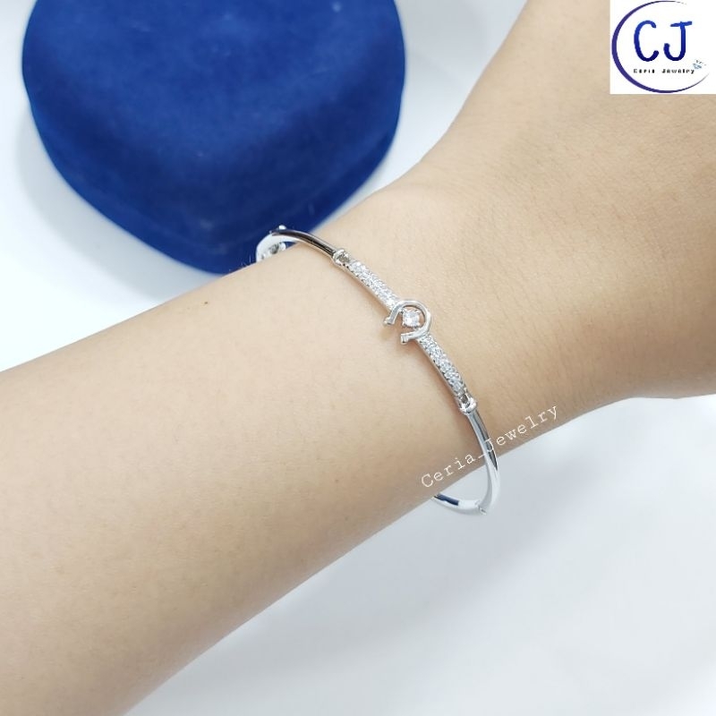 Gelang Tangan Wanita Perak Asli Silver 925 Lapis Emas Putih Model Bangle Bulat Variasi Permata Listring - Perhiasan Perak Asli