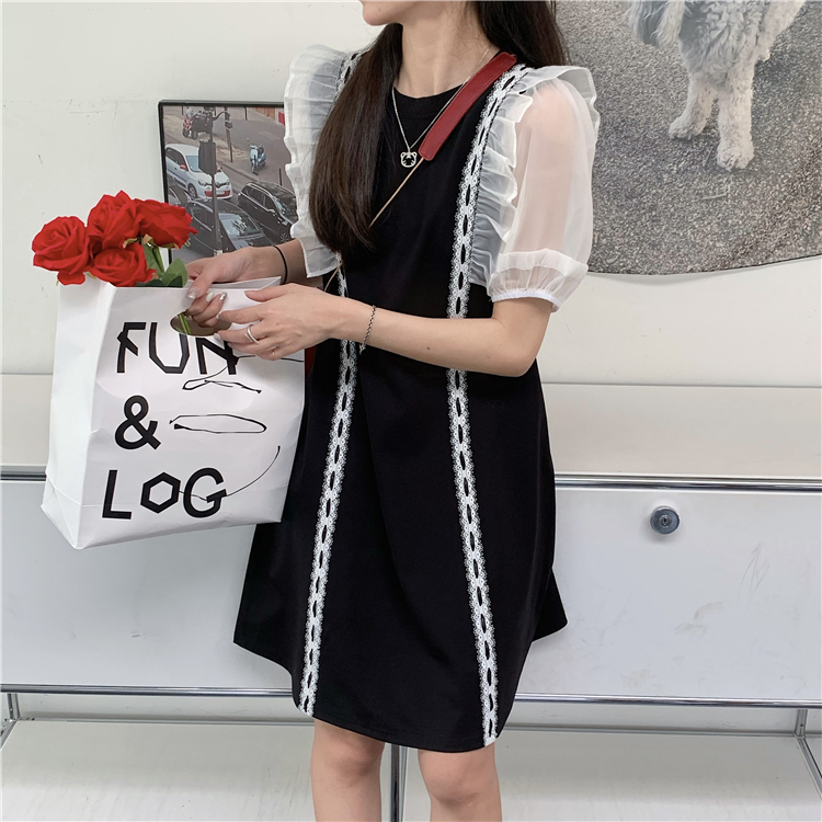 yikoo-Midi dress korea gaun temperamen jaring tambal sulam wanita dres