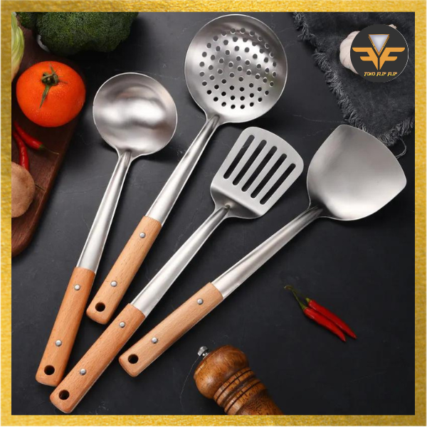 Sodet Sutil Spatula Centong Sutil Bolong Stainless Steel Gagang Kayu Sutil Sodet Bolong Centong Masak Anti Lengket Anti Karat Tahan Panas Spatula Sodet Stainless Steel Gagang Kayu Kuat Masak Goreng Serbaguna TERMURAH TERLARIS