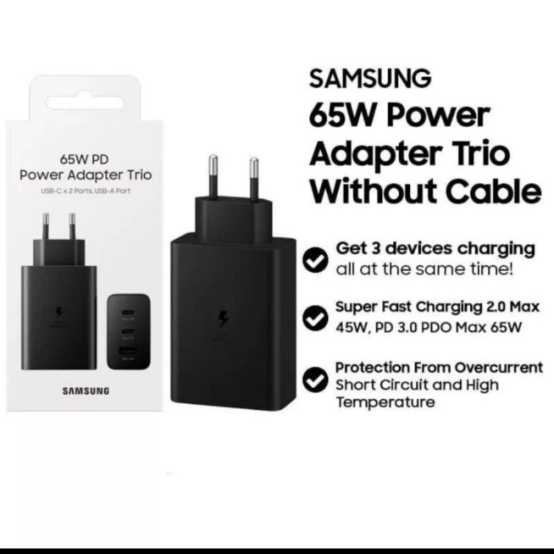 ADAPTOR KEPALA CHARGER SAMSUNG 65W BATOK 3 PORT USB . USB C 2 - USB A ORIGINAL