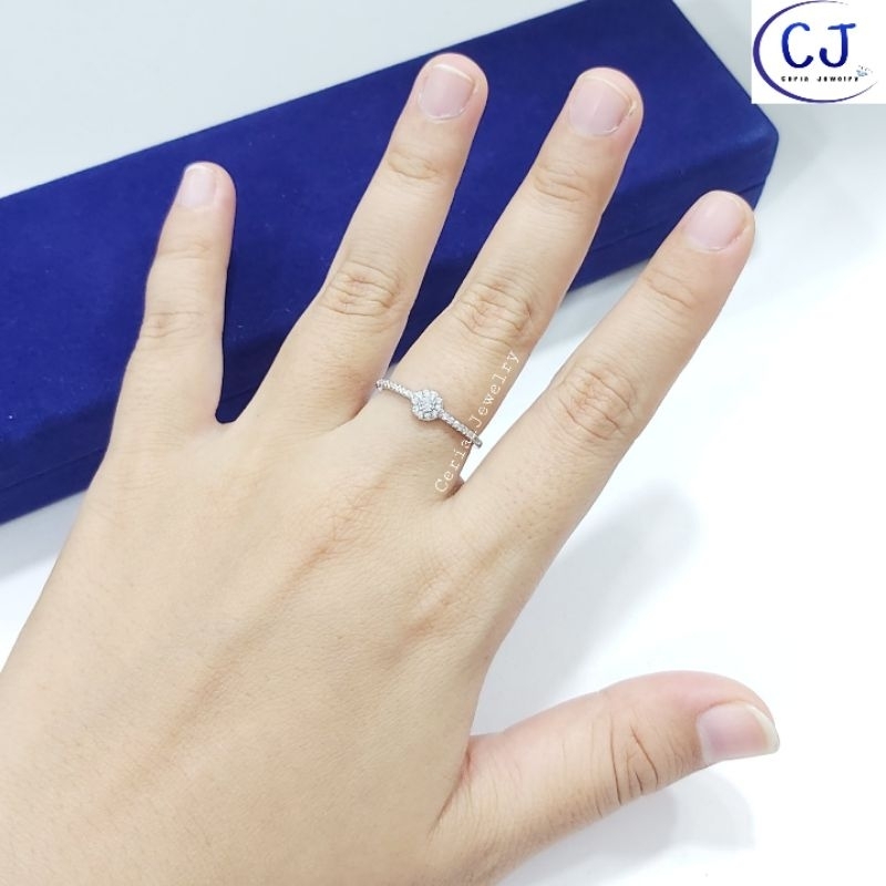 Cincin Perak Wanita Asli Silver 925 Lapis Emas Putih Model Bulat Bunga Permata Listring Samping - Perhiasan Perak Asli