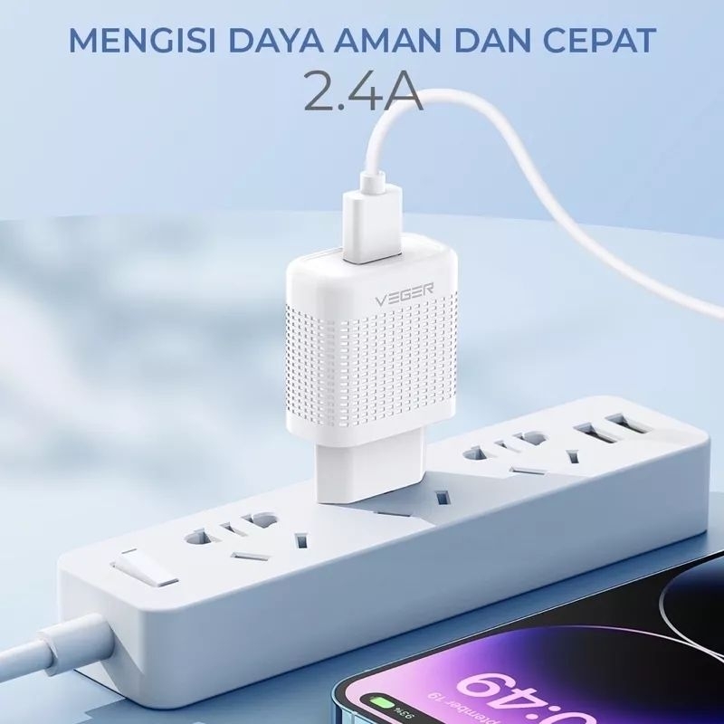 ❗NEW❗Wall Charger VEGER C3+ 1 Port USB Output 2.4A For Type C / Micro USB.  ORIGINAL CITY AKSESORIS FOR  ANDROID