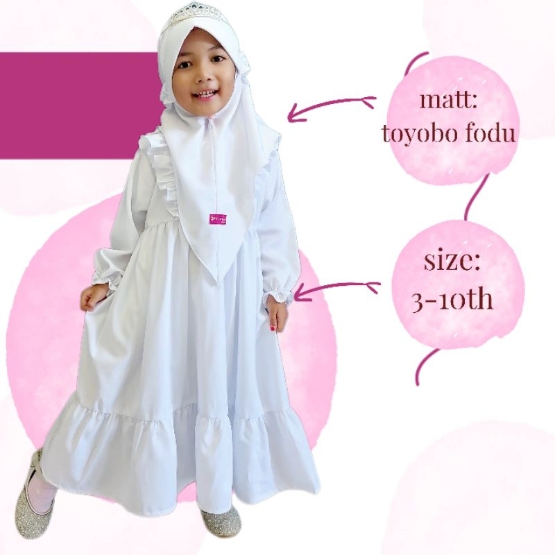 gamis anak perempuan putih polos manasik umur 3 sampai 10 tahun free jilbab