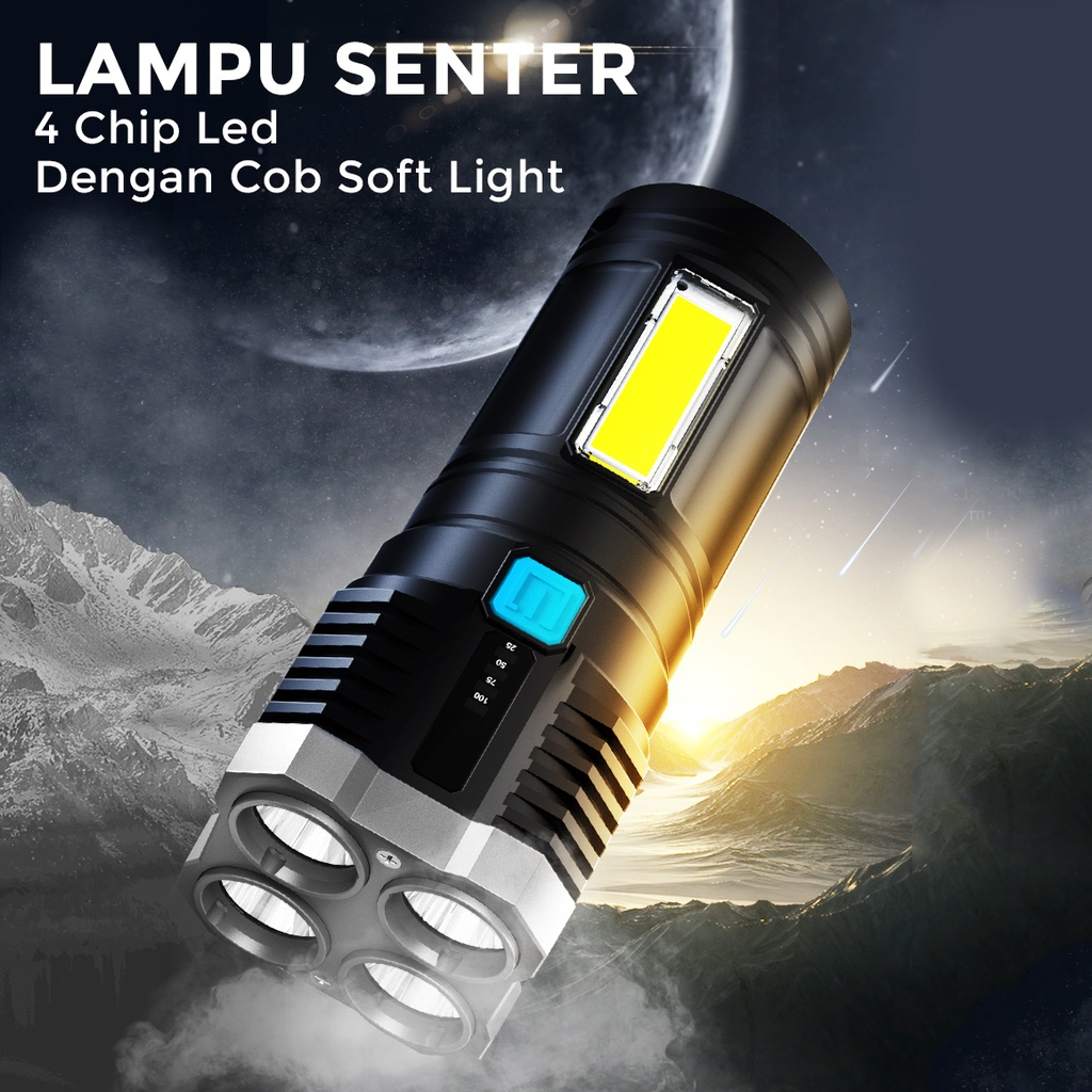 Senter 4 LED Super Terang Rechargeable + COB Senter Led Jarak Jauh + COB