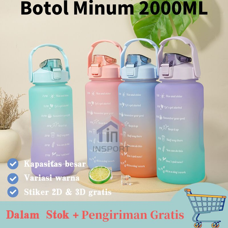 【Stok Siap】Botol Minum 2.0 Liter 1500ML Korea VIRAL Botol Penanda Waktu Botol Minum Viral