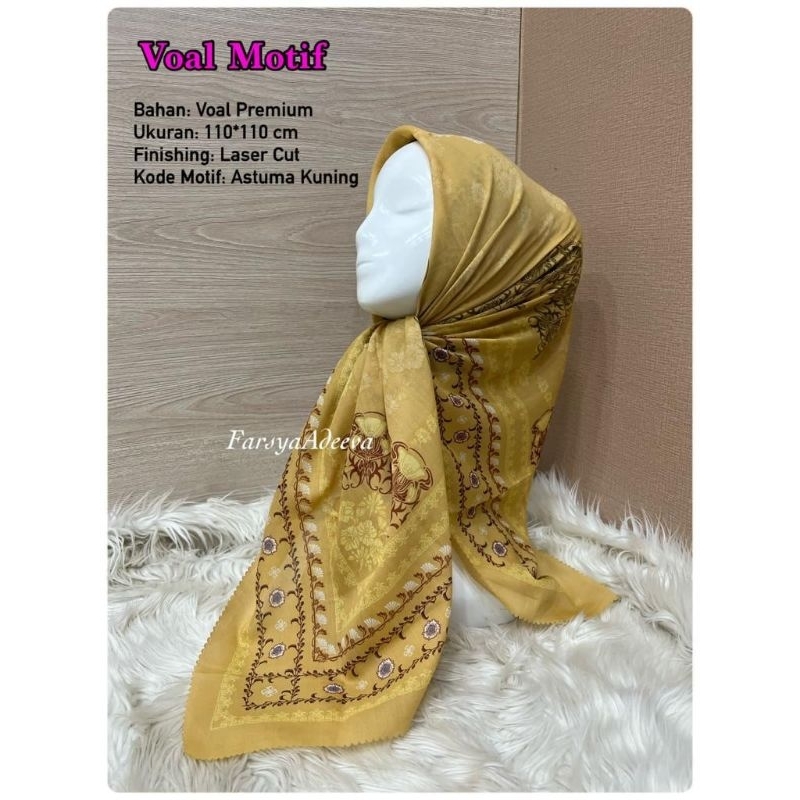 hijab segiempat motif astun warna kuning krudung voal premium