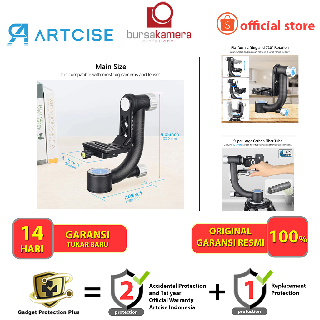 Artcise GH6 Include QR Carbon Fiber Gimbal Head Tripod GARANSI RESMI