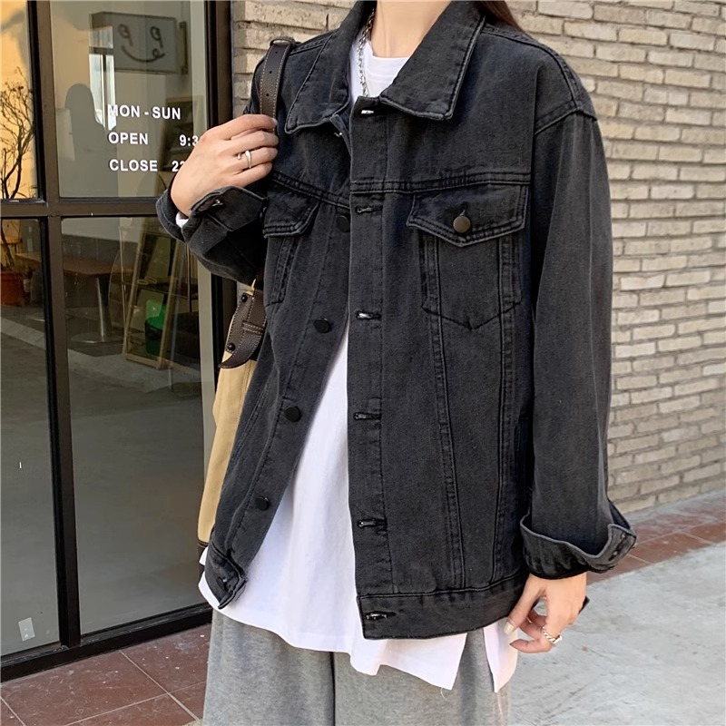 Kelabu hitam Oversize Denim jackets Wanita Korea Style