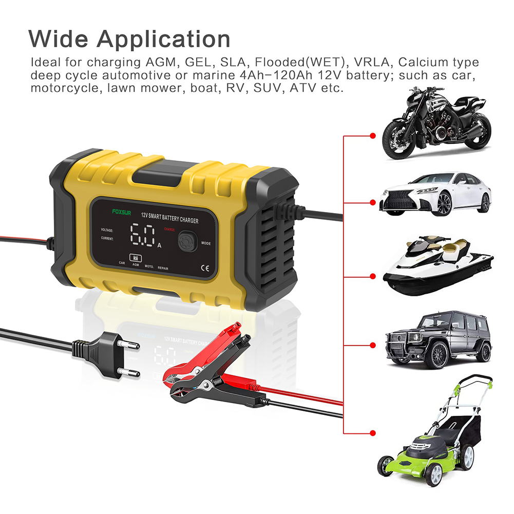 FOXSUR Charger Baterai Aki Mobil Motor SUV Repair Mode 12V 6A - FBC1206D - Black/Yellow