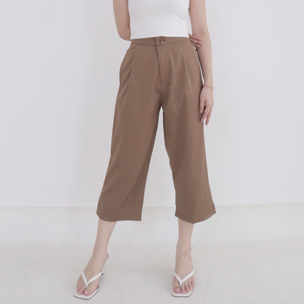 Milen Midi Celana Kulot Wanita Highwaist Culotte Pants Bahan Crinkle - Celana Pendek Wanita