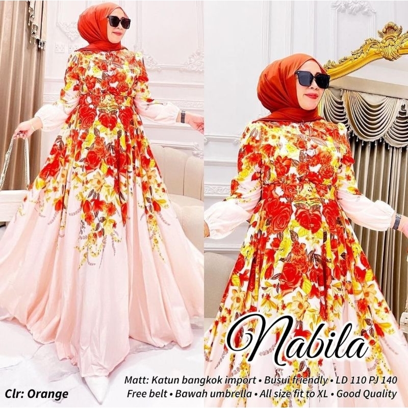 NABILA DRESS GAMIS BUSUI UMBRELLA KATUN BANGKOK BUNGA PREMIUM ORI