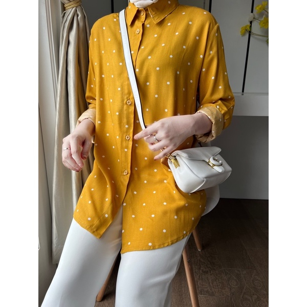 KEMEJA WANITA POLKADOT JUMBO XXXXL / KEMEJA OVERSIZED SHIRT LD 120 / ATASAN WANITA BIGSIZE