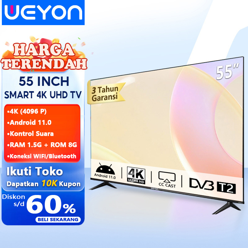 Weyon Sakura Smart TV 55 inch 4K UHD TV LED Android 11.0 Smart TV Digital FHD Televisi Bluetooth Connectivity-Voice Control-Youtube/Netflix(SMART-S55B)