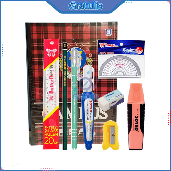 

1 SET PERLENGKAPAN ALAT TULIS SEKOLAH [SMP/SMA/KULIAH] / PAKET ALAT TULIS SEKOLAH / PERLENGKAPAN ALAT TULIS BUKU CAMPUS 50 LEMBAR / BUKU TULIS KAMPUS 36 PENGGARIS BUTTERFLY RAUTAN PENSIL 2B PULPEN JEL PENGHAPUS BESAR TIPE X JOYKO