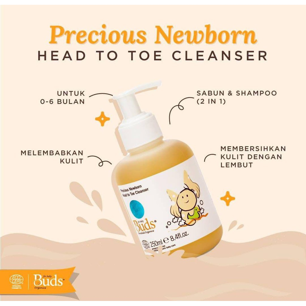 BUDS CHERISHED ORGANIC  MURAH PRECIOUS NEWBORN HEAD TO TOE CLEANSER 250ML SABUN SAMPO BAYI ANAK