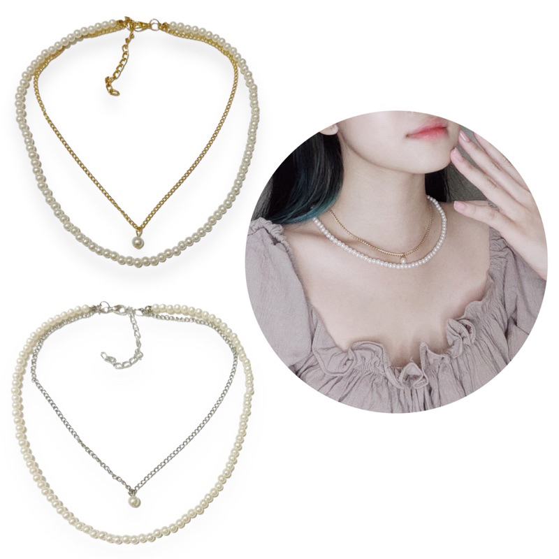 Delice Korean Multilayer Pearl Necklace Kalung Korea Dua Lapis Rantai Mutiara