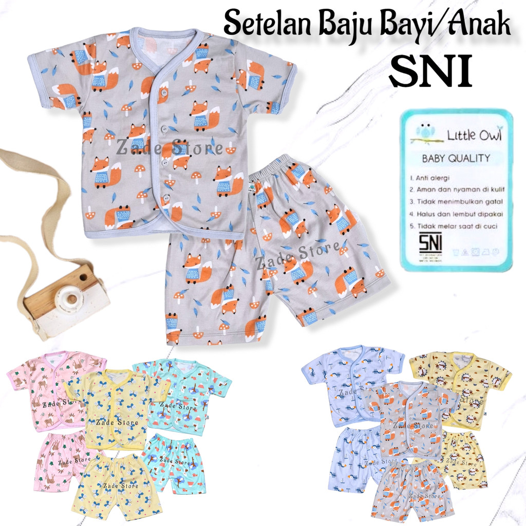 Setelan baju bayi SNI Little owl baju bayi kancing lengan Pendek + celana  pendek set baju anak newborn atasan bawahan bayi baru lahir LO-34