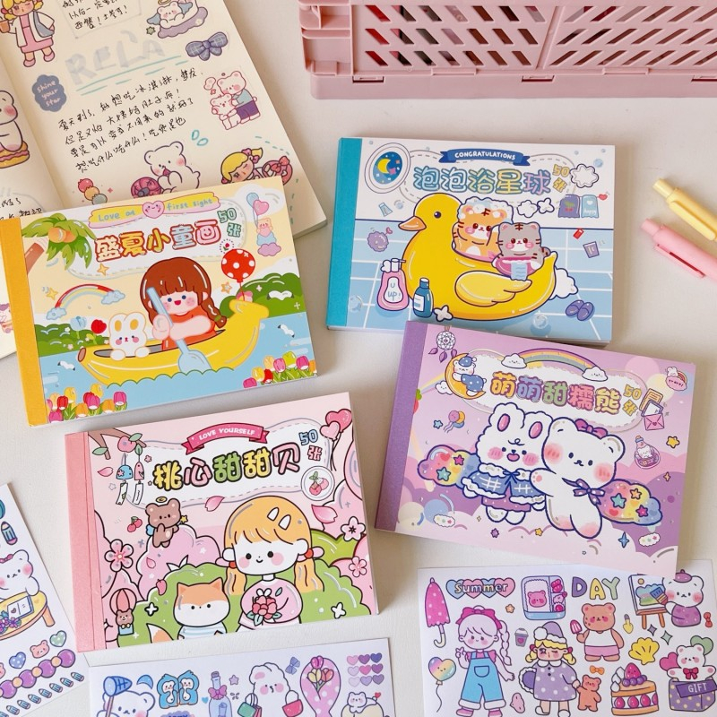 

50 lembar Buku stiker kertas kartun Koleksi stiker motif lucu untuk dekorasi jurnal scrapbook diary DIY Aesthetic kreatif buku harianl Sticker book Daily planner