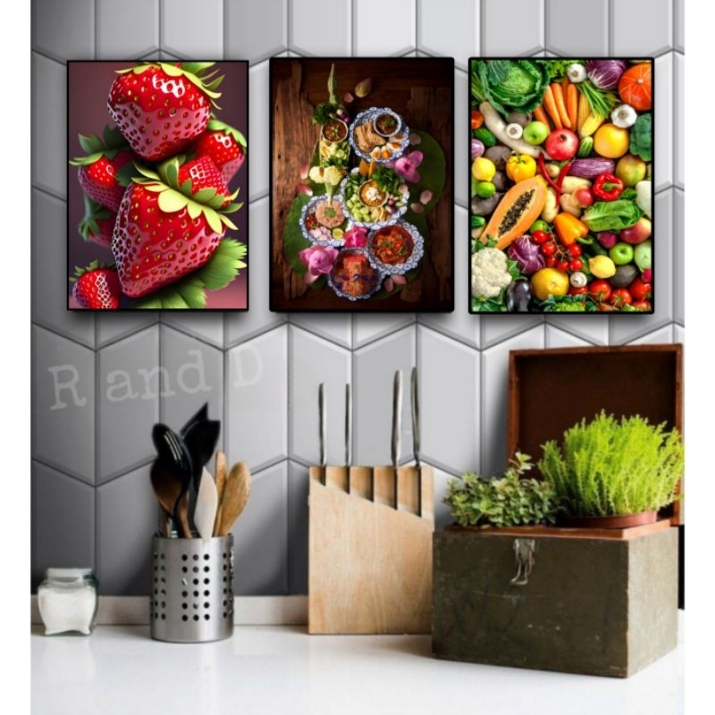 HRY (FreeOngkir) Hiasan Dinding Dapur Gambar Masakan Ukuran 47x31 Dekorasi Gambar Buah Bumbu Dapur