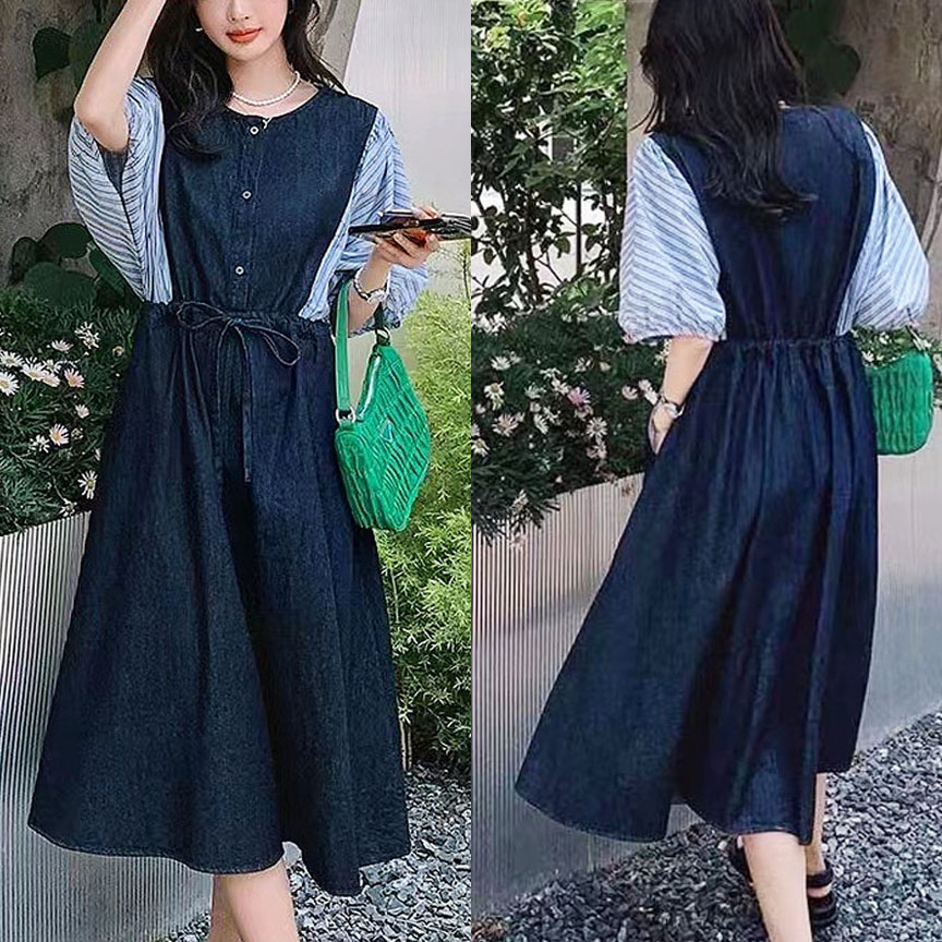 DRESS SOFT JEANS MIDI LENGAN KATUN BIRU GARIS BATWING BALON KOREA IMPORT
