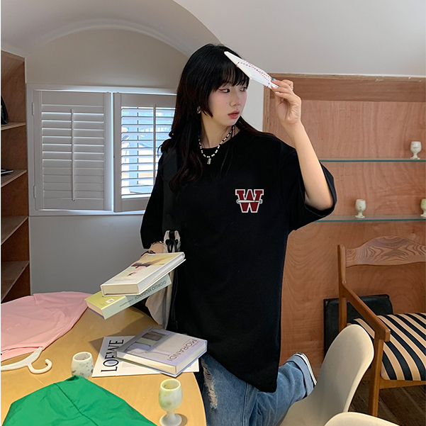 [100%  Katun]American Lengan Pendek Baju Kaos Wanita Oversize Import Kekinian Kaos Couple Korean Style Kaos Hitam