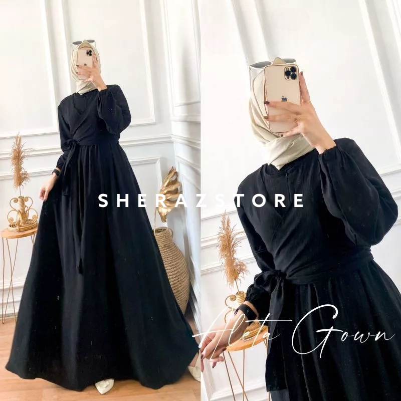 ALETA GOWN S M L XL XXL XXXL 5L Gamis Dress Putih Hitam Sage Green Jumbo Ld 120 130 140 Crinkle Airflow Terbaru