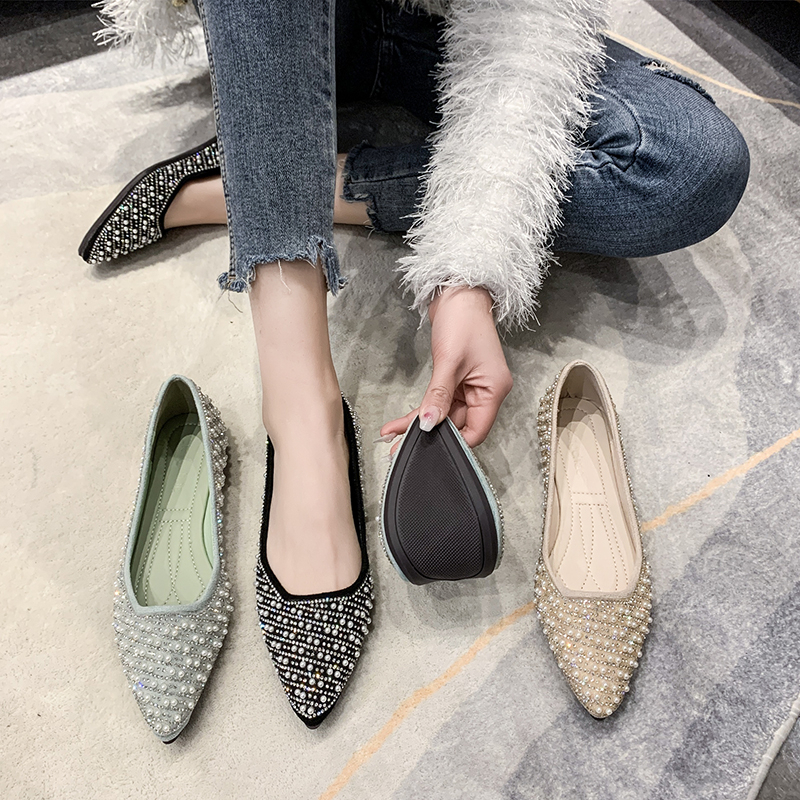 Sepatu Flat Shoes Wanita Import Murah Sol Karet Pointed Flats Balerina Balet Pesta Mutiara Kristal Hitam Black Beige Krem Gaya Korea - Ukuran 35 36 37 38 39 40