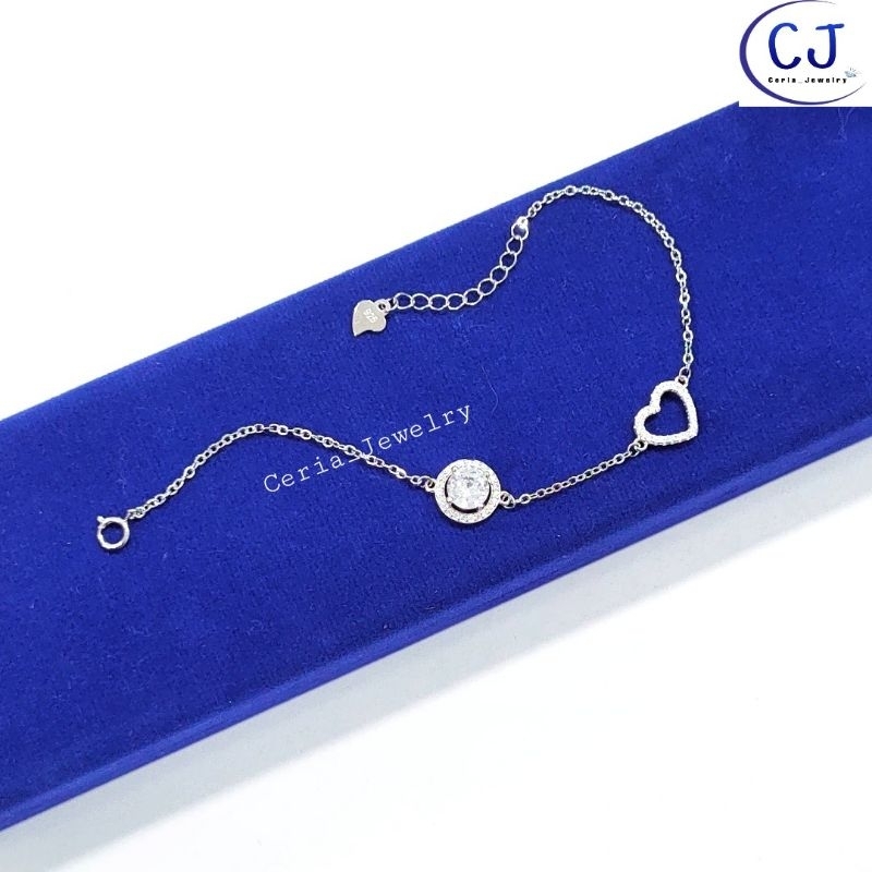 Gelang Tangan Wanita Perak Asli Silver 925 Lapis Emas Putih Model Fashion Korea Nori Polos Permata Model Diamond Variasi Love Permata - Perhiasan Perak Asli