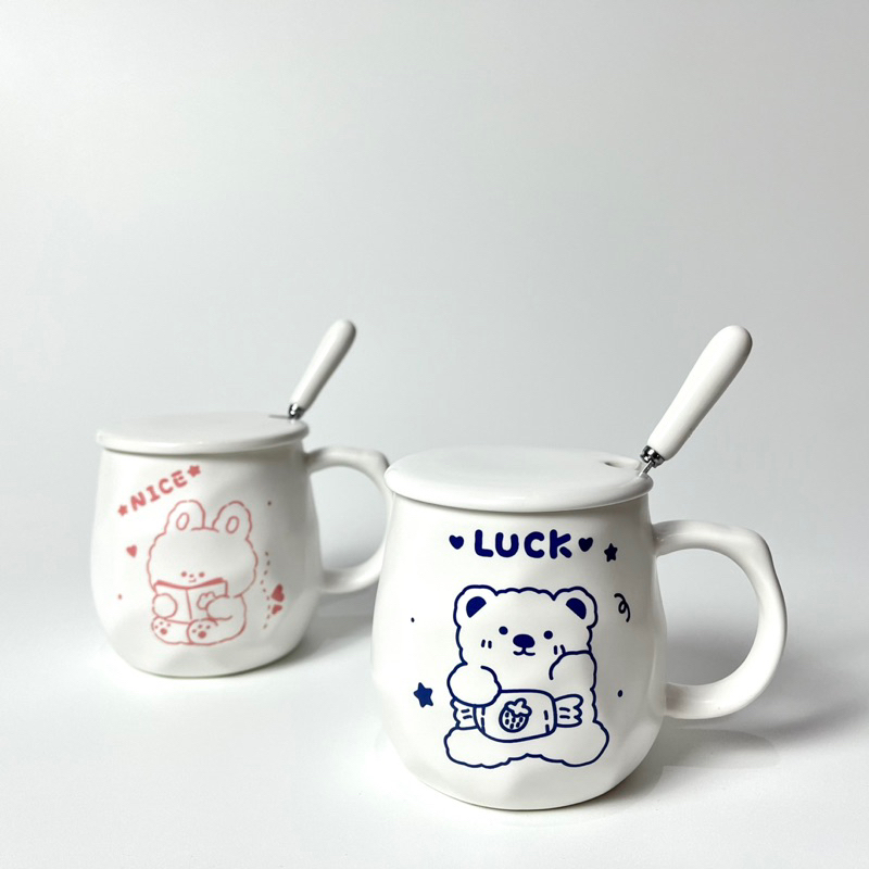 Gelas Mug Cangkir Kopi Keramik Set dengan Sendok Aesthetic Korean