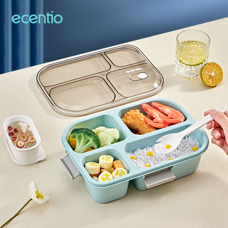 ecentio tempat makan anak 1300ml 4 grid tahan bocor bento box/kotak sup dan sendok gratis/tutup transparan/lunch box