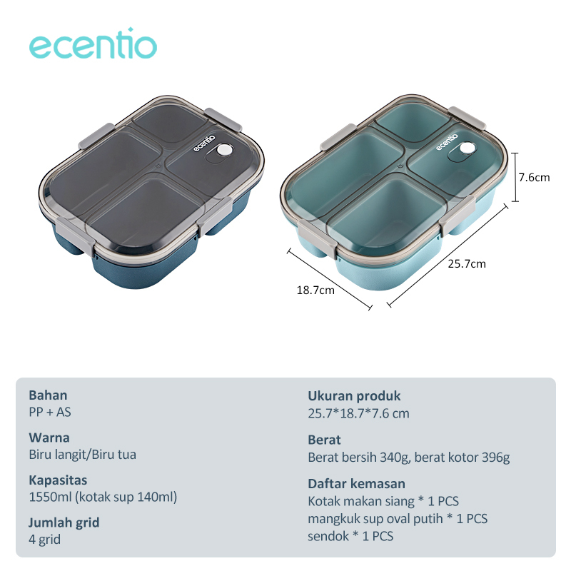 ecentio tempat makan anak 1300ml 4 grid tahan bocor bento box/kotak sup dan sendok gratis/tutup transparan/lunch box