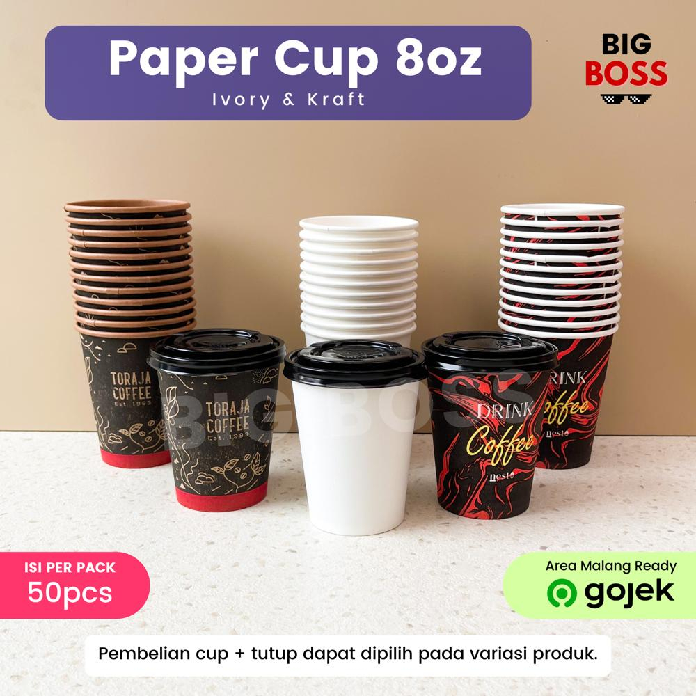 [ISI 50PCS] Paper Cup 8 Oz (240ml) / Gelas Kertas Kopi Teh Polos Motif Tahan Panas / Hot Paper Cup Kraft