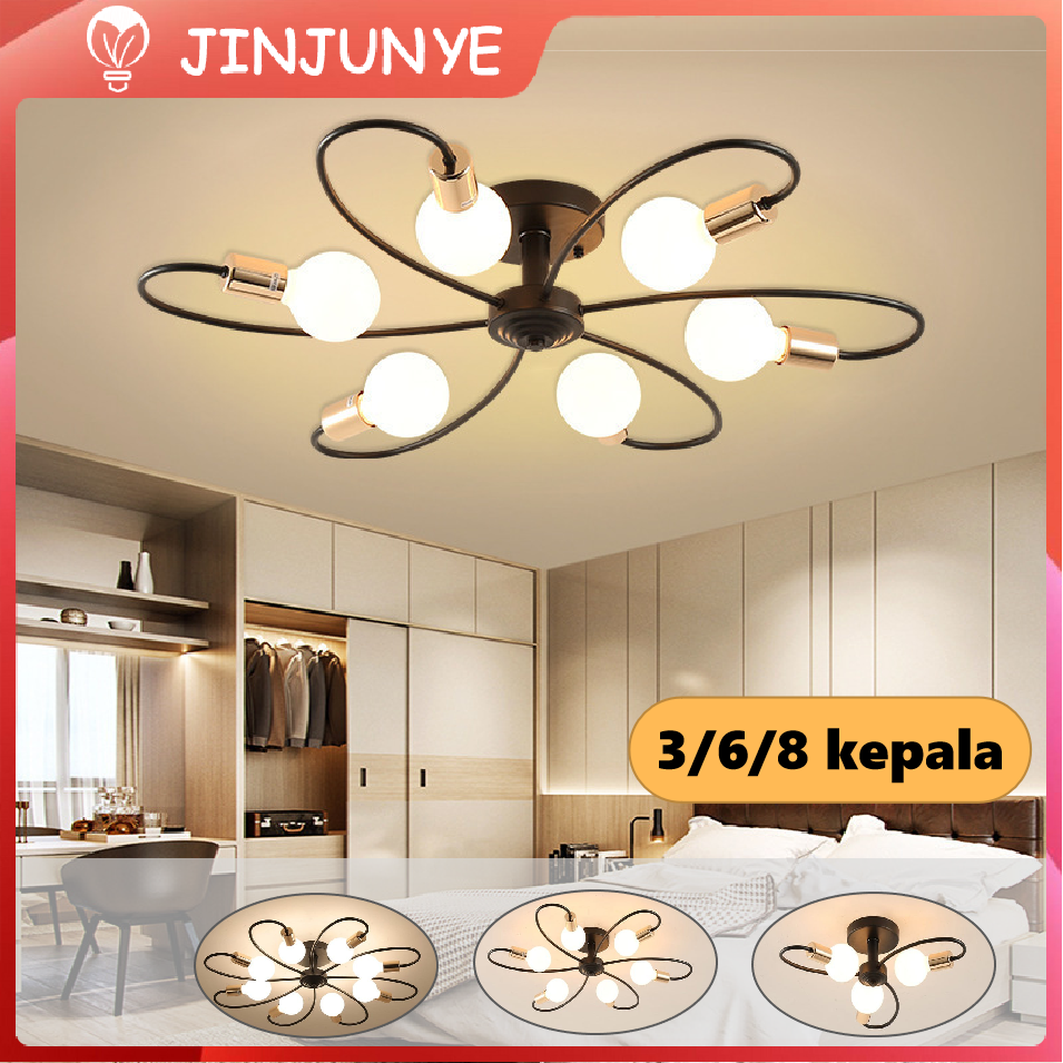 ⚡Bolam gantis⚡Lampu Plafon Industrial LED 3/6/8 Kepala Minimalist Lampu Hias Plafon Kamar Tidur Bahan Besi Modern minimalist chandelier  E27 bolam Untuk Ruang Tamu / kamar tidur EWI