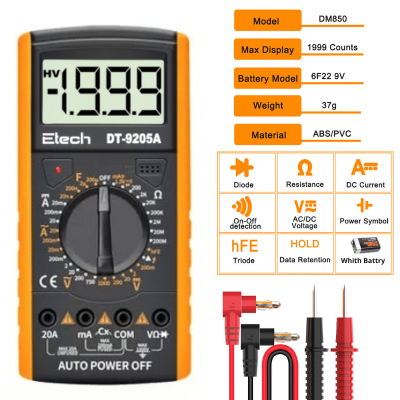 DT9205A LCD Digital Multimeter Electric Handheld Ammeter Voltmeter Resistance Capacitance AC and DC Power Meter Tester