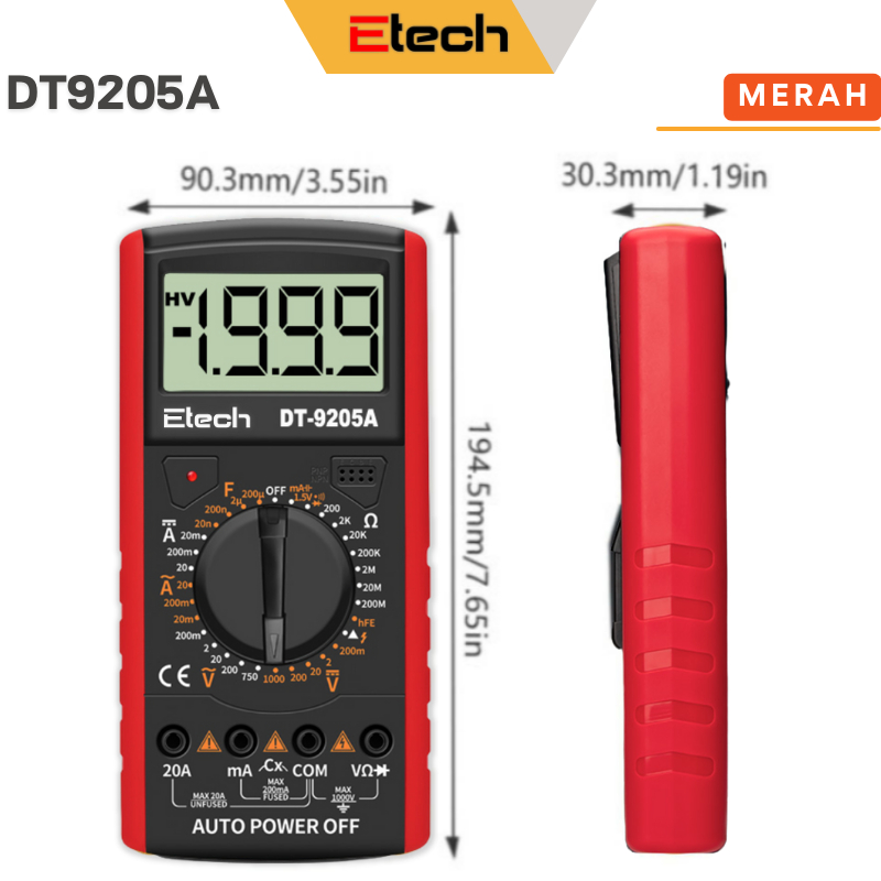 DT9205A Multimeter Digital Professional Voltage Tester AC DC 1000V 20A Ammeter Voltmeter Resistansi Kapasitansi Penguji Pengukur Daya AC dan DC